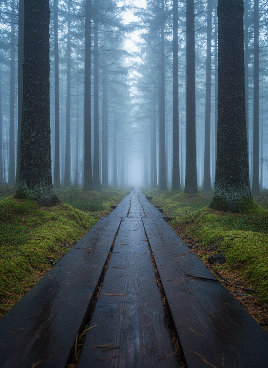 A narrow wooden path made of weathered planks leads through a quiet forest at early dawn, the boards damp and dark from recent rain. On either side, tall pine trunks rise into mist, their bases surrounded by soft moss and fallen needles in muted browns and greens. Pale blue-grey morning light filters through the fog, creating gentle beams that touch the path and fade into the distance. Photographed from a low, centered perspective, the path draws the eye forward, symbolizing a journey through grief toward an unseen clearing. The depth of field is deep enough to keep the path crisp while the distant trees soften into mist. The atmosphere is contemplative yet quietly hopeful, in restrained, photographic realism.