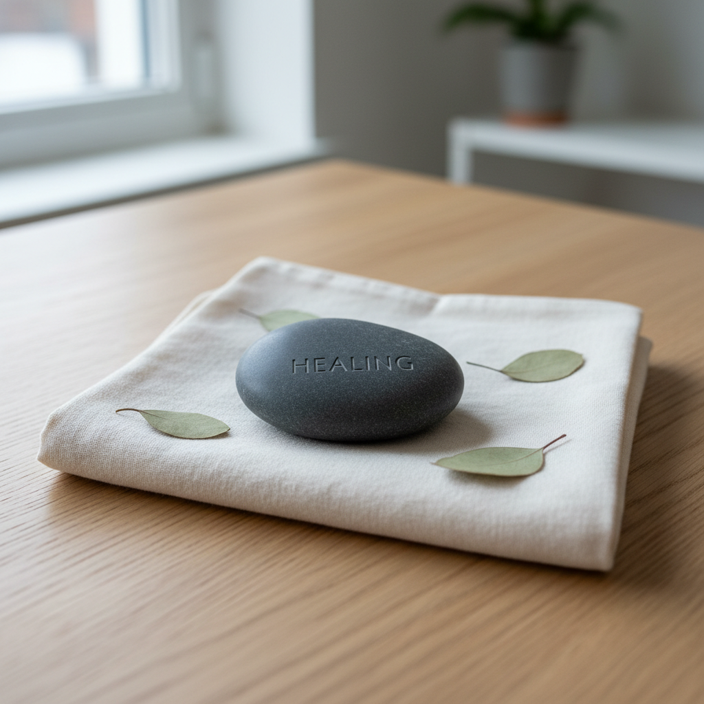 A single smooth river stone, medium-sized and charcoal grey, rests on a folded, ivory cotton cloth atop a natural oak table. On the stone, the word “HEALING” appears delicately etched in fine, understated letters. Around it lie three small, scattered dried eucalyptus leaves, muted green with pale veins. Cool, overcast window light from the left creates soft highlights on the stone’s surface and barely-there shadows on the cloth’s gentle wrinkles. Shot from a slightly elevated angle using the rule of thirds, the stone is the clear focal point with a softly blurred background suggestion of a tidy, minimalist room. The overall mood is calm, grounded, and hopeful, with a clean, photographic aesthetic suited to a professional grief-healing blog.