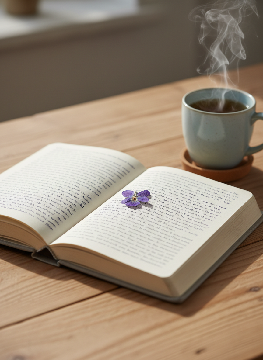 A well-worn hardcover journal with a soft grey linen cover lies open on a simple wooden desk, its cream pages filled with neat, handwritten lines and a single pressed wildflower tucked between them. A ceramic mug of herbal tea, pale steam curling upward, rests nearby on a small cork coaster. Soft, diffused morning light enters from an unseen window, casting gentle shadows and illuminating the paper’s subtle texture. Photographed at eye level with a shallow depth of field, the journal is in sharp focus while the background fades into a warm, unobtrusive blur. The mood is introspective, quiet, and professional, evoking a safe space for processing grief and beginning to heal, rendered in clean, photographic realism.